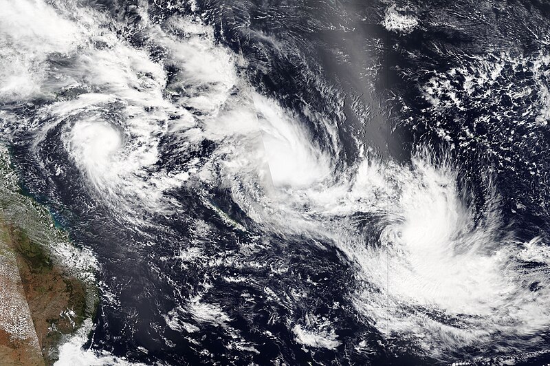 Three active tropical cyclones in the Eastern Australian and South Pacific basins on 25 February 2025: includes Cyclone Alfred (left) in the Australian region, along with Tropical Storm Seru (center) and Cyclone Rae (right) in the South Pacific Ocean. 